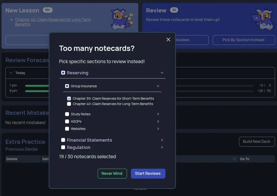 screenshot of picking notecard review sections in action